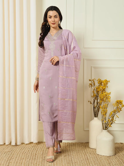 Rieka WomenS Ethnic Embroidered Kurta Set With Dupatta | Straight Kurta Pant Set For Women | 3/4-Length Sleeves, V-Neckline (La