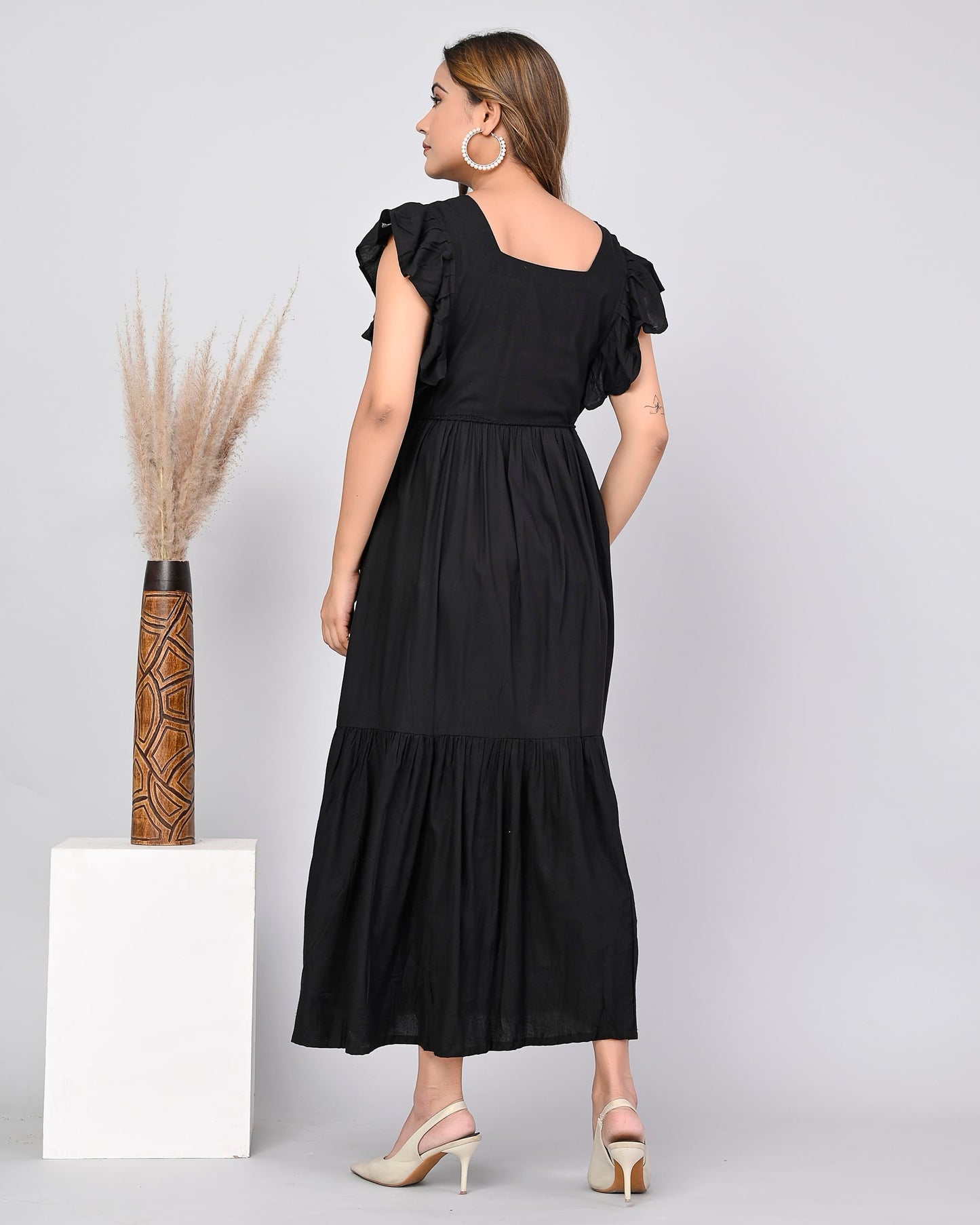 Digital Shopee Western Dress For Women Viscose Rayon Solid Long Puff Sleeves Fit & Flared Dress Square Neck One Piece Solid Pack