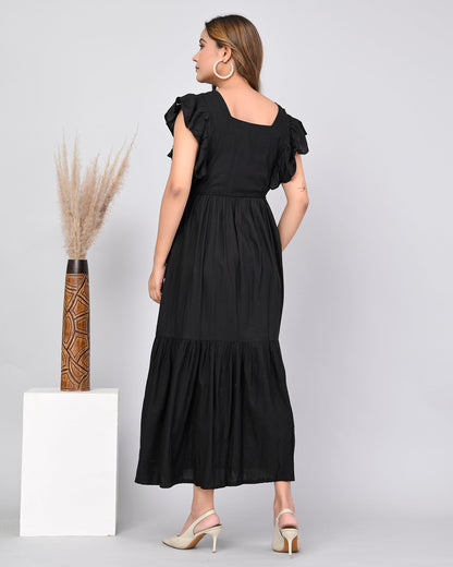 Digital Shopee Western Dress For Women Viscose Rayon Solid Long Puff Sleeves Fit & Flared Dress Square Neck One Piece Solid Pack