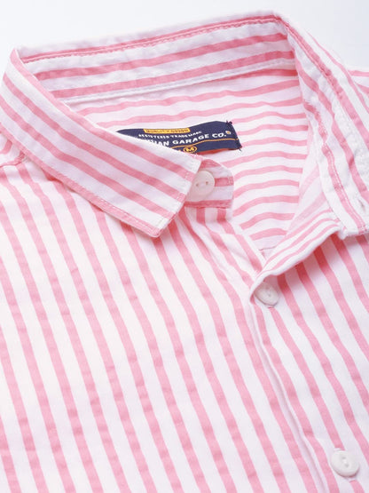 The Indian Garage Co Men Pink Striped Slim Fit Cotton Casual Shirt