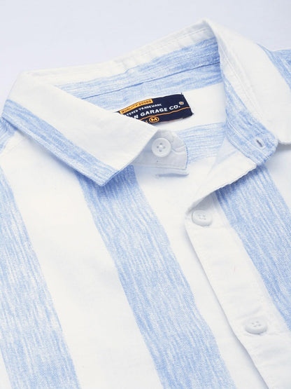 The Indian Garage Co Mens Blue Cotton Slim Fit Full Sleeve Striped Shirt