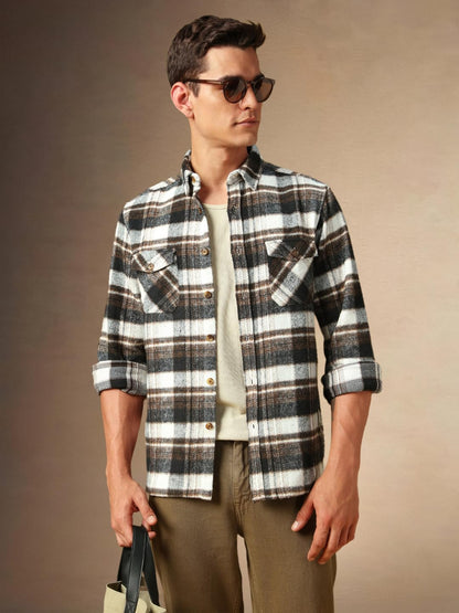 Dennis Lingo Men Flannel Check 100% Cotton Relaxed Fit Full Sleeves Shirts Brown