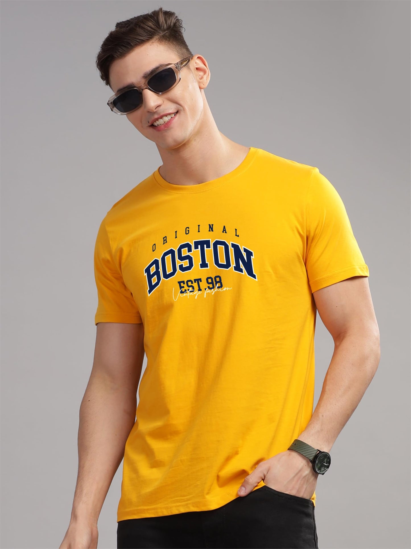 ADRO Mens Printed T Shirt - Premium Cotton Graphic Printed Tshirt - Mustard T-Shirt - RN24-BOST-MU
