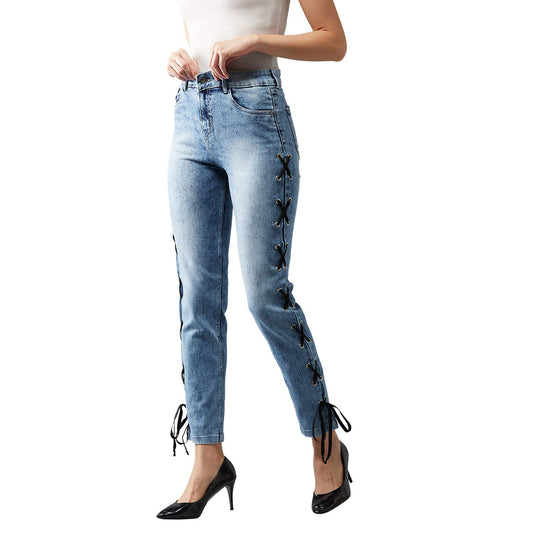 Dolce Crudo WomenS Light Blue Slim Fit High Rise Clean Look Twill Tape And Eyelet Detailing Regular Length Stretchable Denim Jea