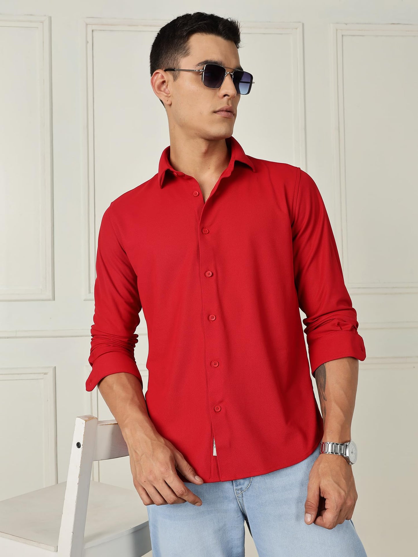 Thomas Scott Mens | Premium | Spread Collar | Slim Fit | Long Sleeves | 4 Way Stretch | Coolmax | Knitted | Casual | Shirts for