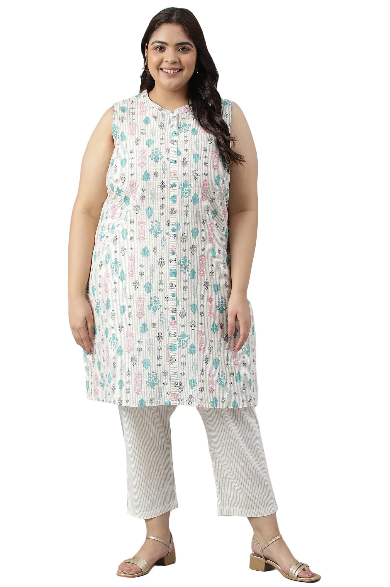 Aurelia WomenS Off-White Floral Printed Plus Size Kurta With Trousers