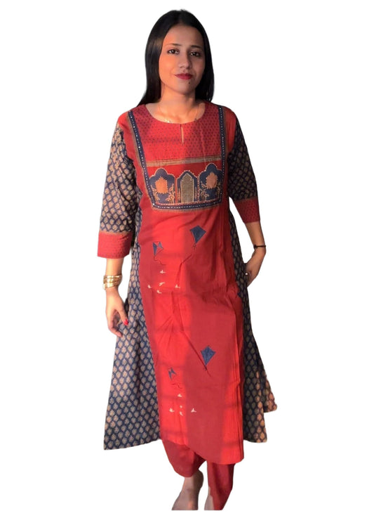 GoSriKi Womens Viscose A-Line Printed Kurta with Pant (Ritheka Red-GS_XXL_Red_XX-Large)