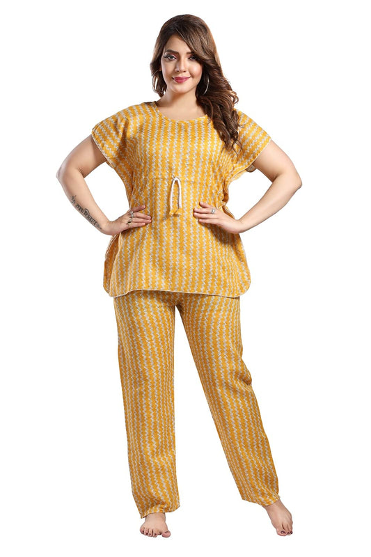 Fabme WomenS Cotton Printed Kaftan And Pyjama Set - Mustard_Cream