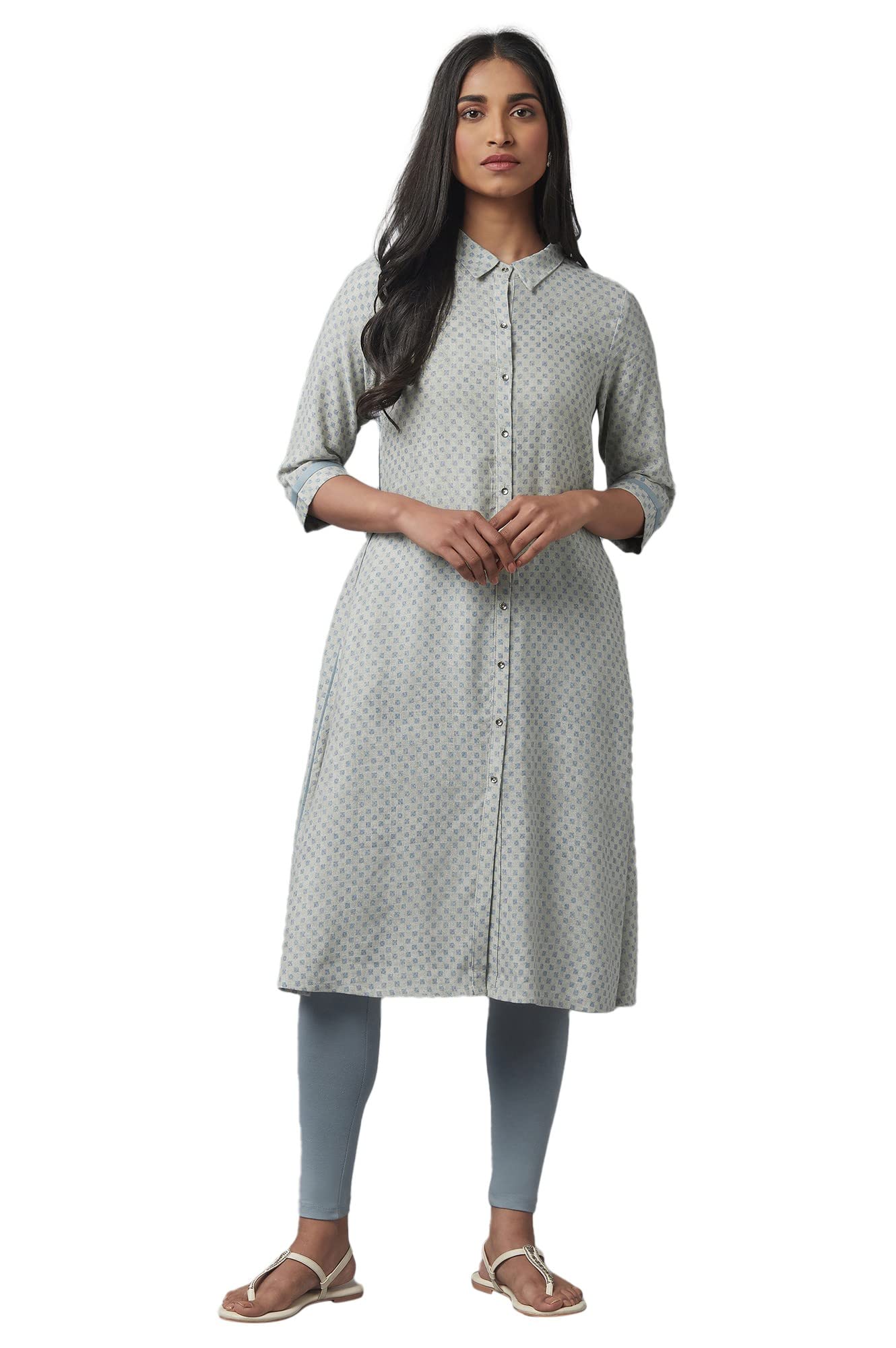 W for Woman Rayon Checked Shirt Collar A Line Kurta for Women