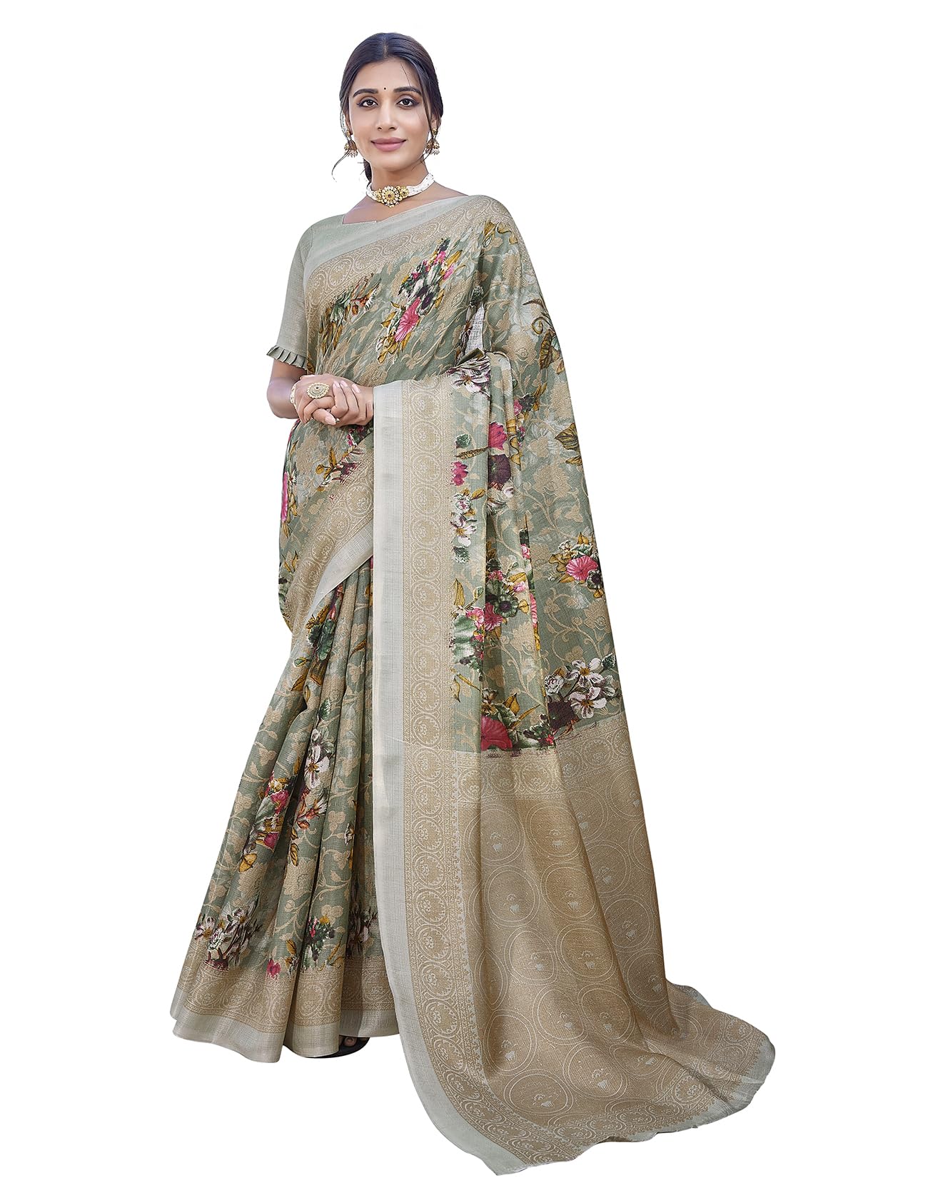 Yashika Womens Elegant Printed Art Silk Saree Set with Blouse - Elevate Your Style with Trendy Ethnic Fashion! (AZ-YS-P1-PUDINA