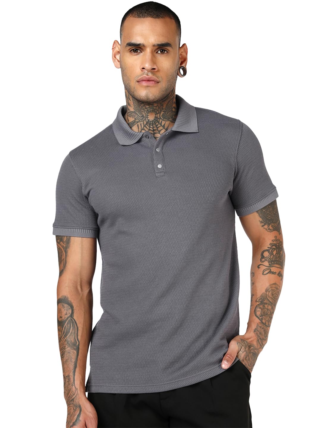 Bewakoof MenS Textured Regular Fit Half Sleeve Jacquard Polo T-Shirt_684273_Grey_S