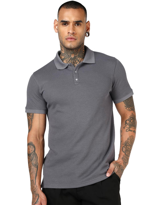 Bewakoof MenS Textured Regular Fit Half Sleeve Jacquard Polo T-Shirt_684273_Grey_S