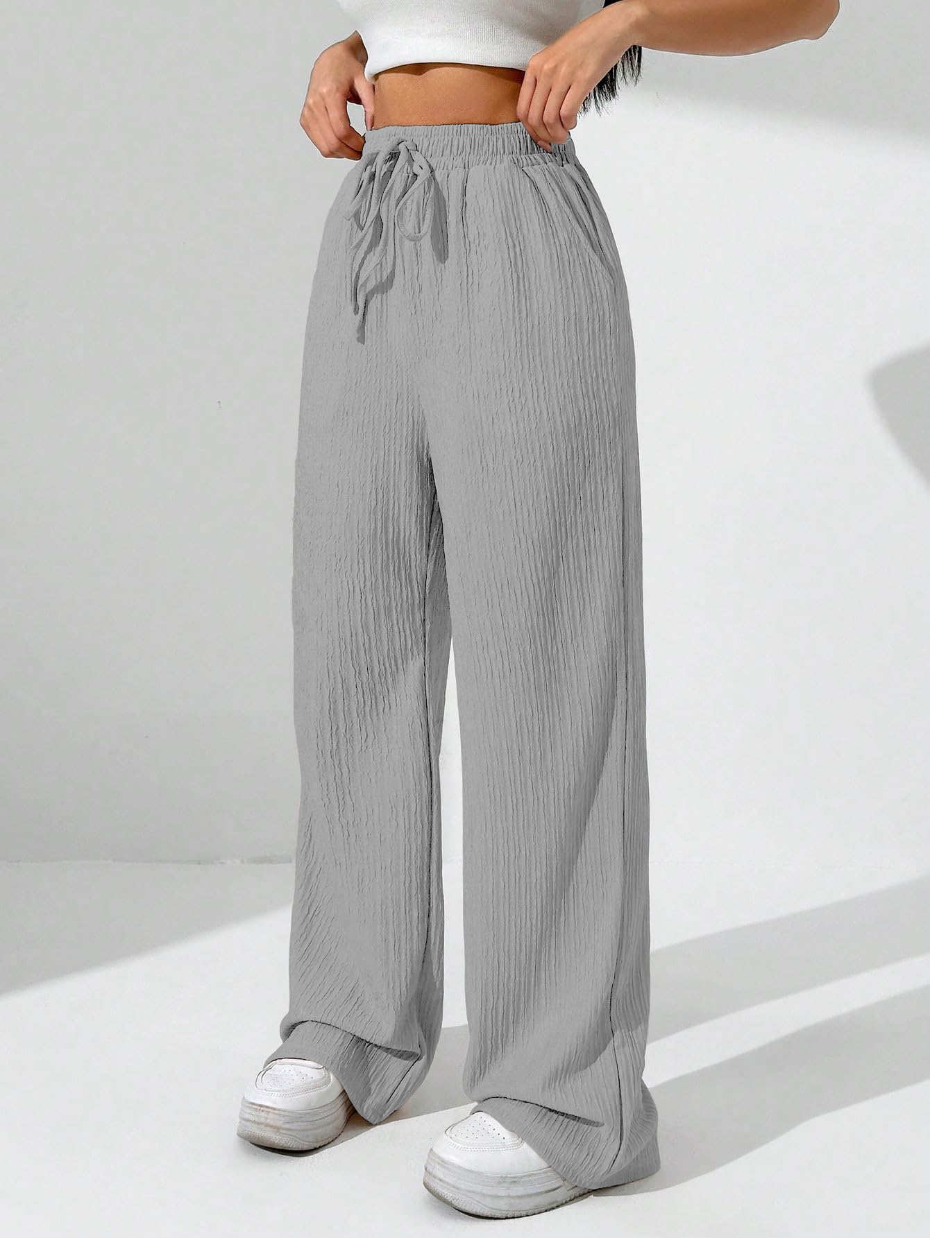 Sugathari Womens Light Grey Loose Wide-Leg Pants with Textured Wrinkled Fabric and Drawstring Waist Long Trousers (Trouser 157