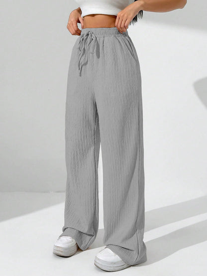 Sugathari Womens Light Grey Loose Wide-Leg Pants with Textured Wrinkled Fabric and Drawstring Waist Long Trousers (Trouser 157