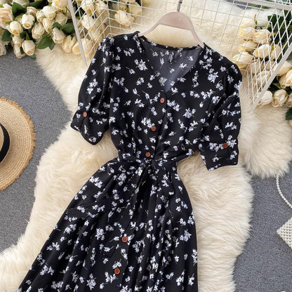 Gufrina Dresses For Women Half Sleeve || Floral Print || V-Neck And Puff Sleeves || Front Open Button & Tie-Up || Midi Dress (Bl