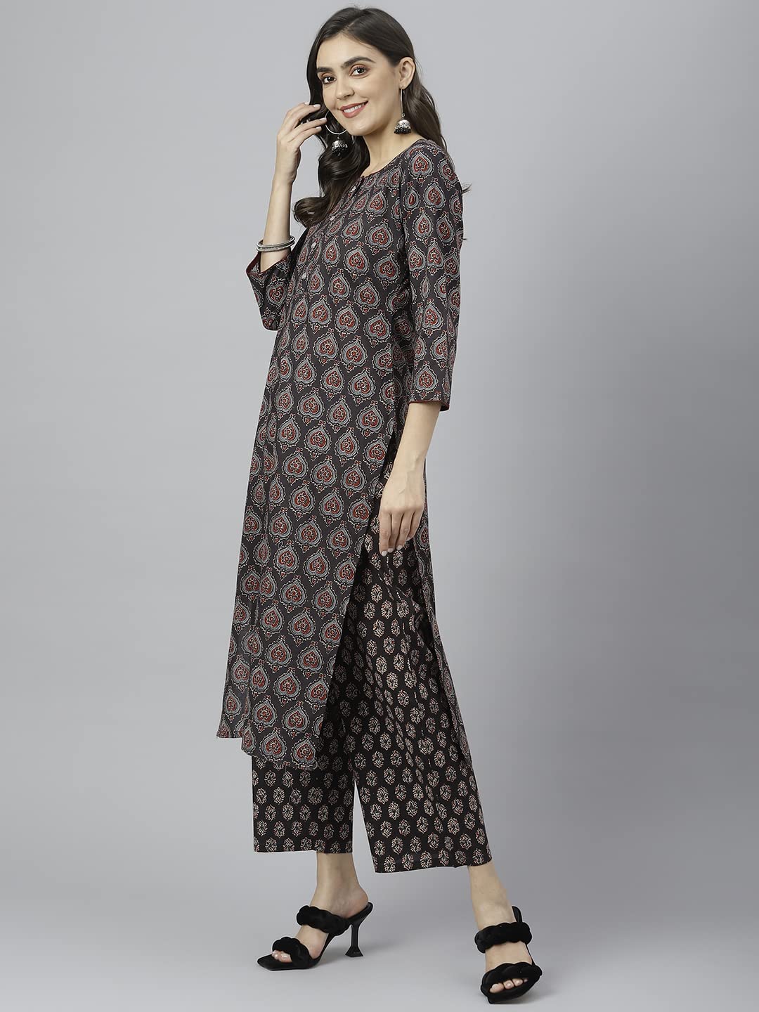 ANNI DESIGNER Women's Cotton Blend Straight Printed Kurta with Palazzo & Dupatta (Anky)