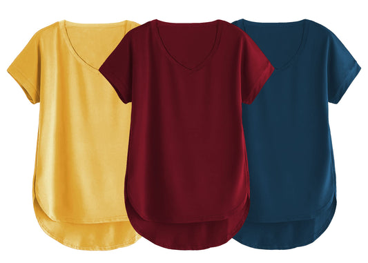 Fabricorn Combo Of Three Plain Maroon, Mustard Yellow And Airforce Blue V-Neck Up And Down Cotton Tshirt For Women (Maroon, Must