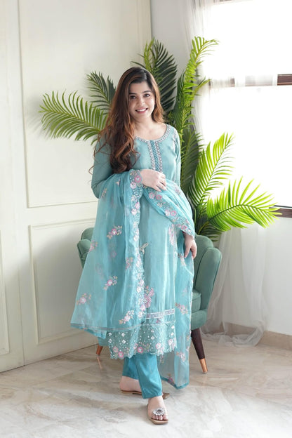 Wedani Silk Embroidered Kurta Set with Duptta for Women Sky Blue