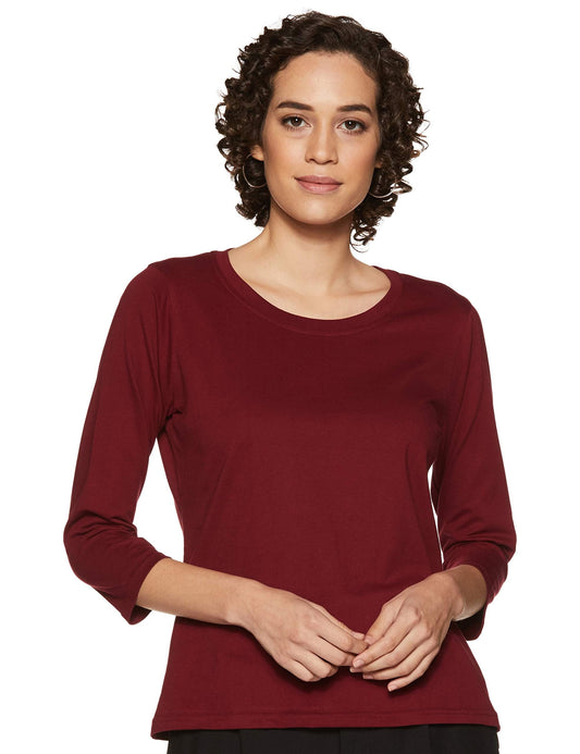 Miss Chase WomenS 3/4Th Sleeves Round Neck Regular Fit Cotton Tee/Top/T-Shirt(Mcs14Ts01-06-143-02, Maroon, X-Small)