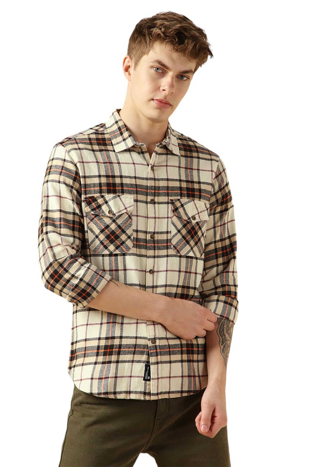 Dennis Lingo MenS Beige Cotton Spread Collar Long Sleeves Checked Shirts