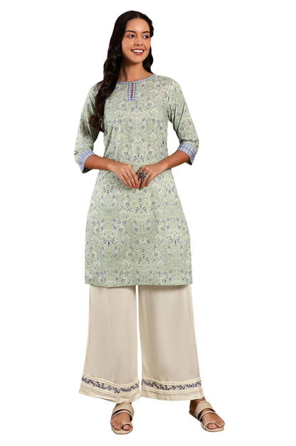 W For Woman Light Green Floral Printed Cotton Regular Kurta