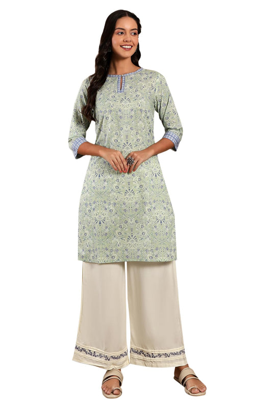 W For Woman Light Green Floral Printed Cotton Regular Kurta