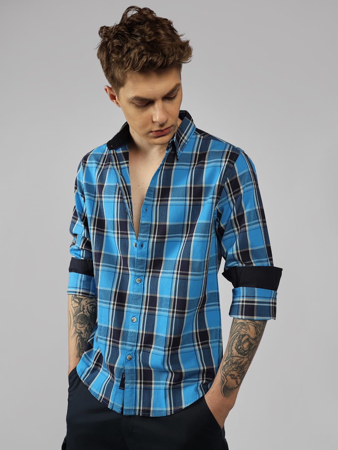 Dennis Lingo MenS| Blue| Full Sleeve| Spread Collar| Checkered| Relaxed Fit| Casual Shirt