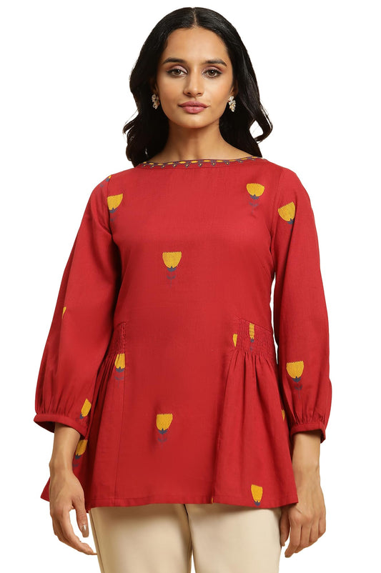 W For Woman Red Embroidered Cotton Tunic Top With Thread W For Womanork