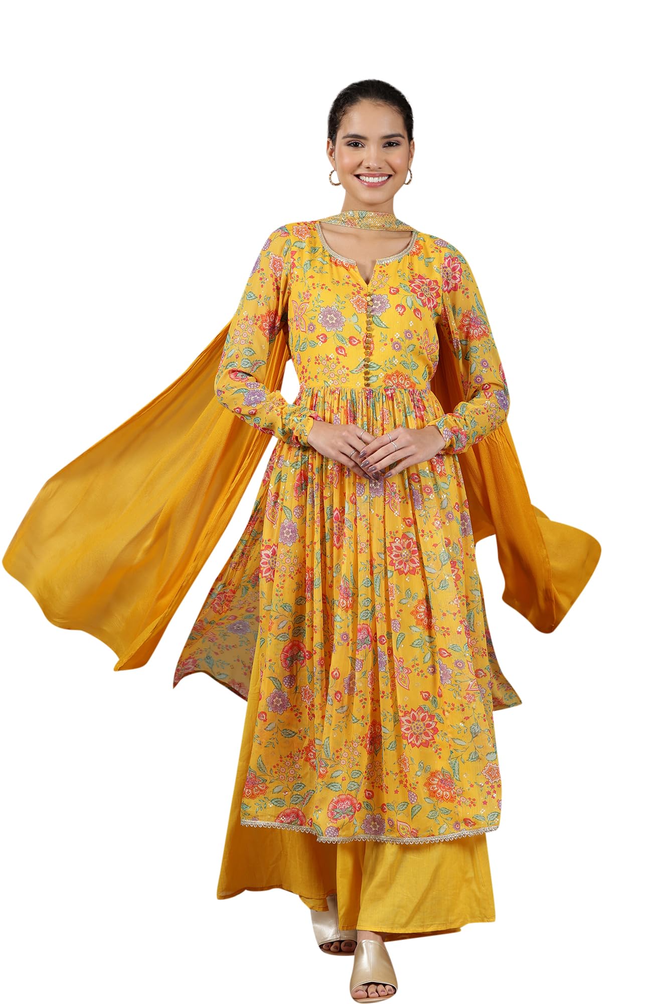 Aurelia WomenS Floral Printed Flared Kurta Set With Palazzos And Dupatta For Women
