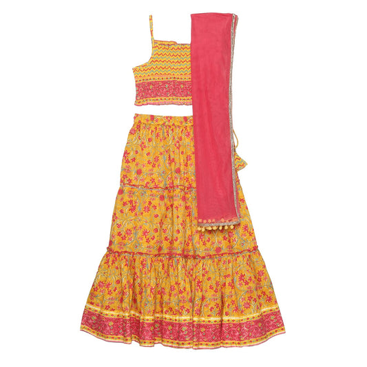 Biba Girls Yellow Printed Cotton Lehenga Set