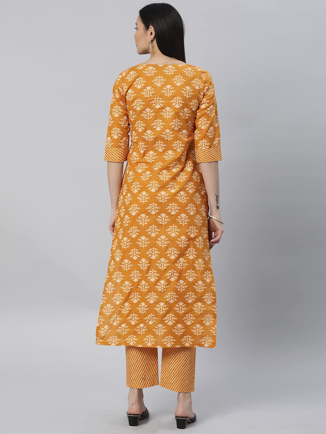 ANNI DESIGNER Women's Cotton Blend Straight Printed Kurta with Pant (Kidaya Yellow-Nw5_L_Yellow_Large)