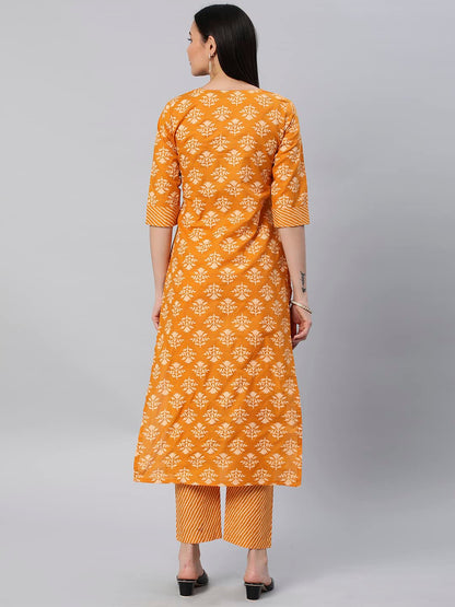 ANNI DESIGNER Women's Cotton Blend Straight Printed Kurta with Pant (Kidaya Yellow-Nw5_L_Yellow_Large)