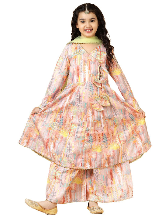 A.T.U.N. (All Things Uber Nice) Peach Floral Printed Anarkali Palazzo Set For Girls