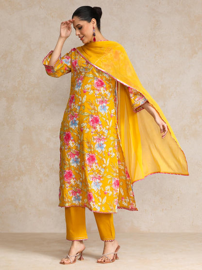 Varanga Floral Printed Boho Look Flared Sleeve Kurta With Trouser & Dupatta