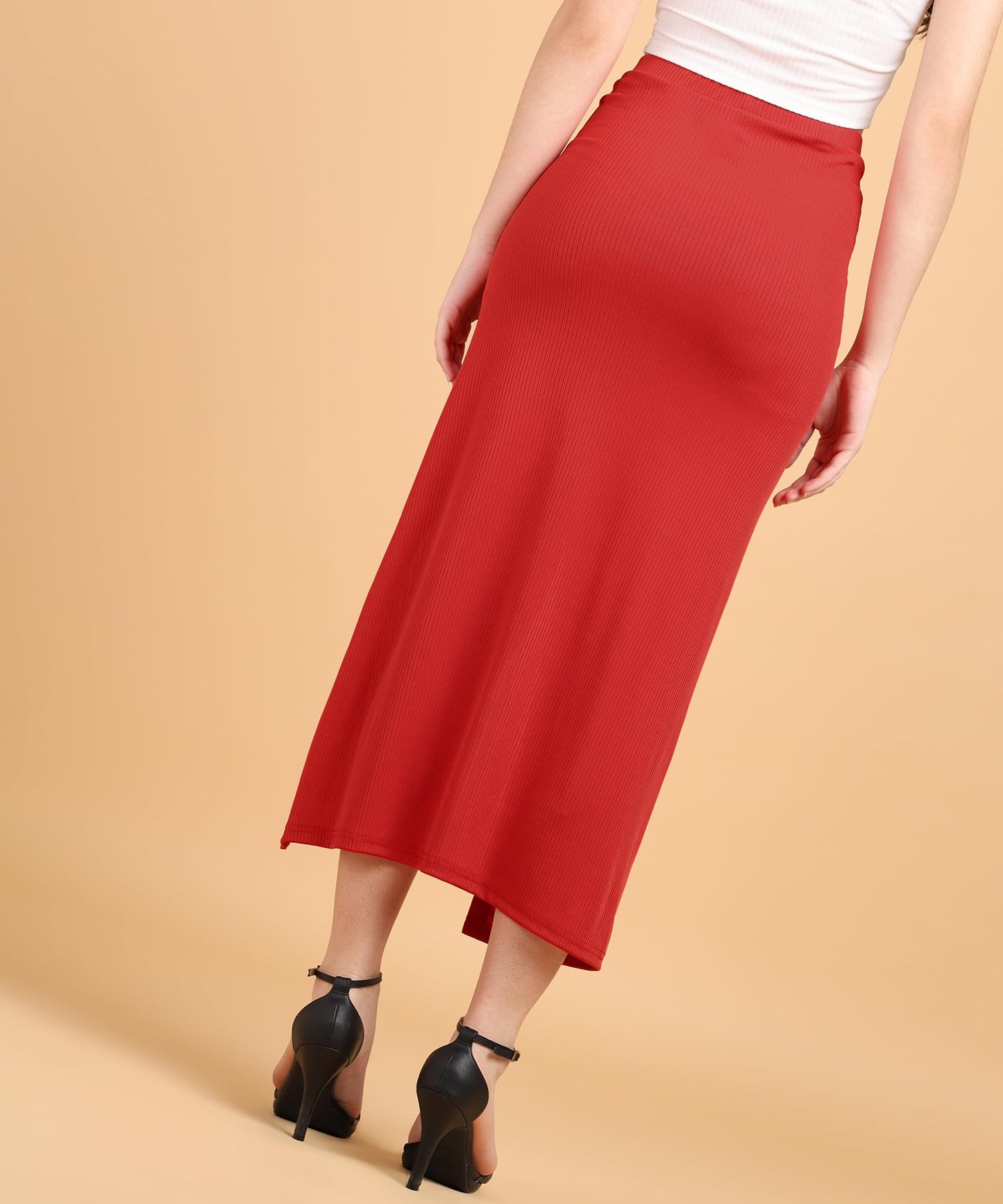 POPWINGS Women Casual Red Long Slit Self Design Rib Skirt