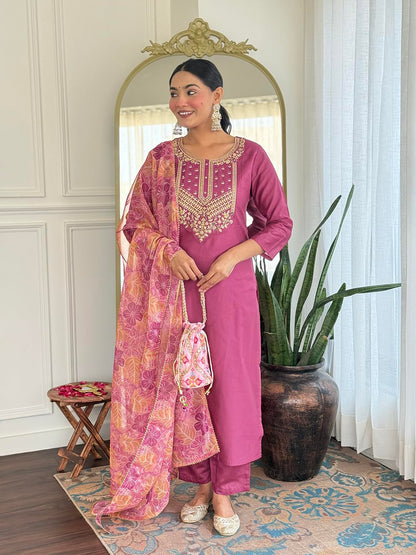 Naixa WomenS Rayon Digital Embroidery Work Casual Wear Straight Kurta With Rayon Bottom Wear And Tabby Dupatta Set (Nx2-717-Pin