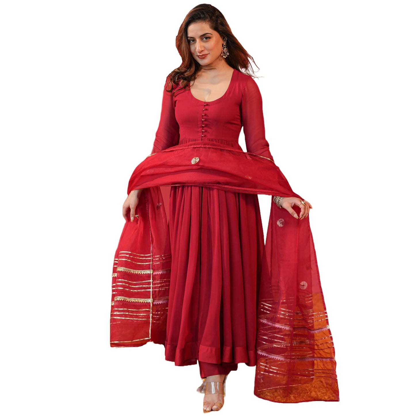 GoSriKi Women's Anarkali Kurta with Pants & Dupatta, Rayon Blend, Size 36, Red, Model JAYNTI RED-GS