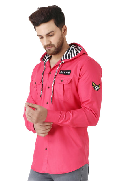 Besix MenS Pink Tailored Fit Cotton Blend Shirt For Man With Hoodie - Casual Long Sleeve Shirt With Pockets - Patch Detail For