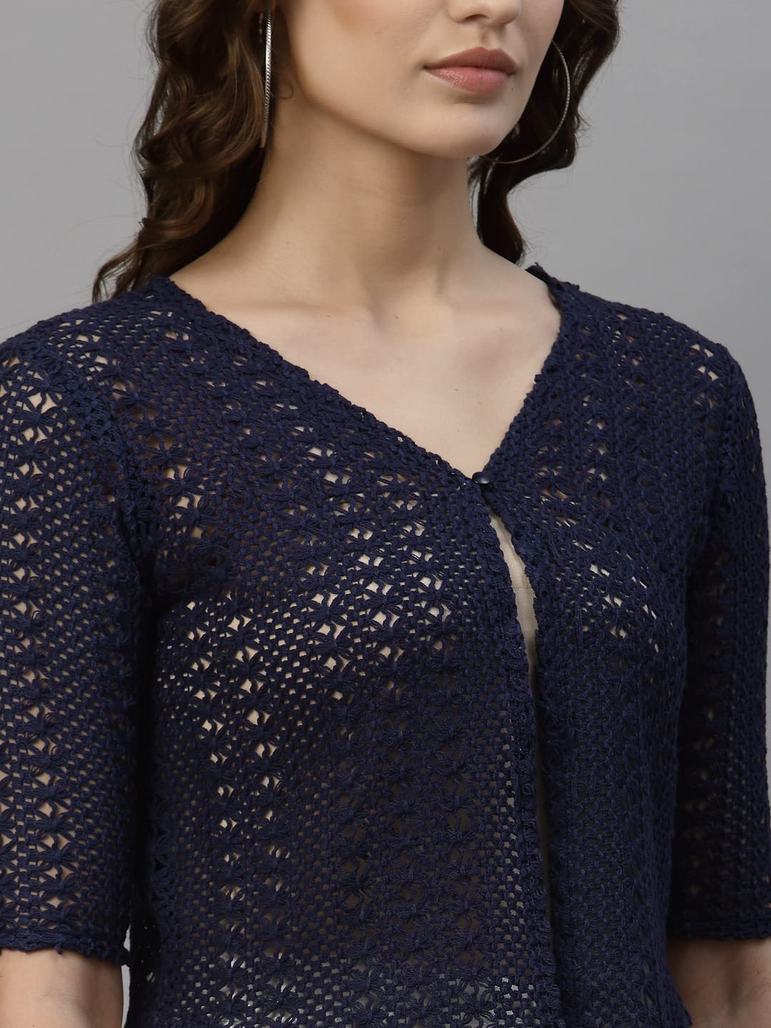 Style Quotient Women Self Design Navy Cotton lace Regular Smart Casual Shrug