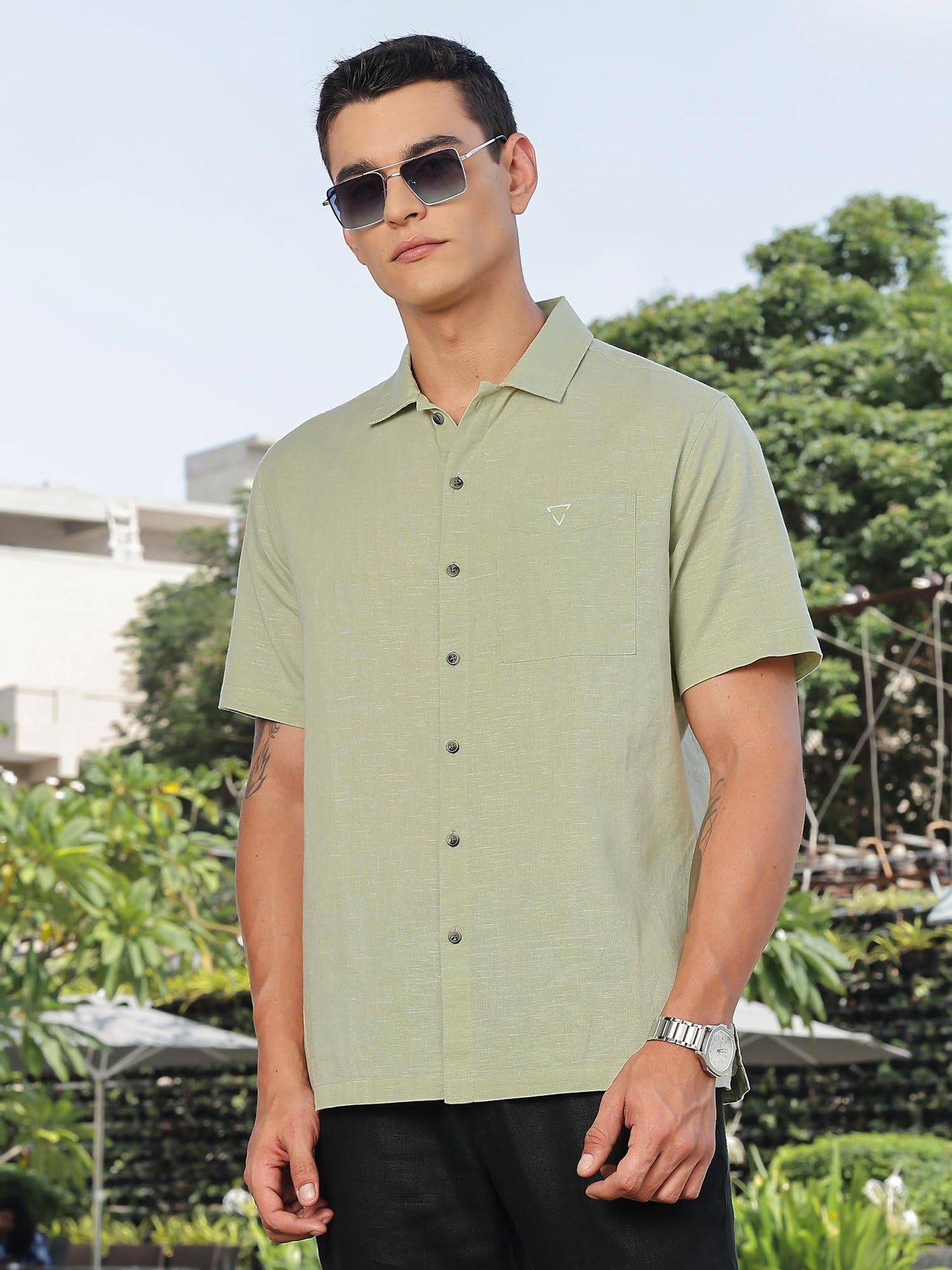 Thomas Scott Mens | Solid | Premium Irish Linen | Half Sleeve | Spread Collar | Casual | Shirt for Men Pista