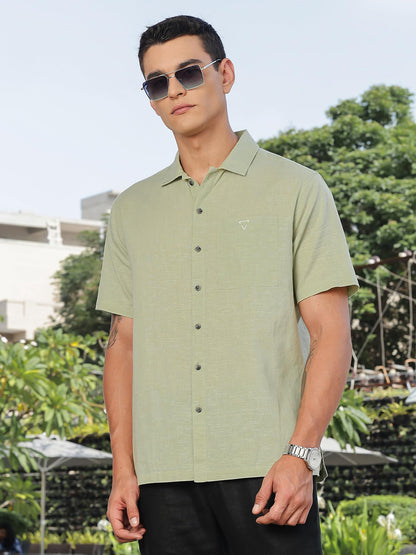 Thomas Scott Mens | Solid | Premium Irish Linen | Half Sleeve | Spread Collar | Casual | Shirt for Men Pista