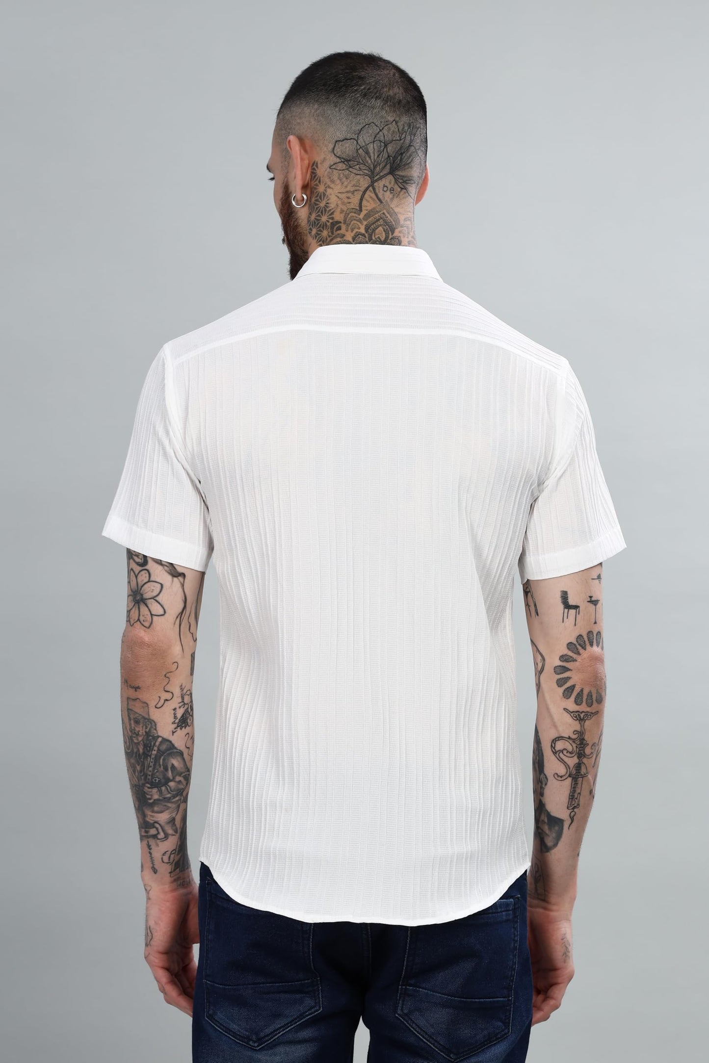 Mildin MenS Cotton Blend Shirt With Self Design Textured Stripes Spread Collar Neck Half Sleeve Western Hip Length | White