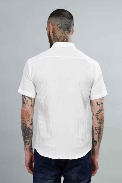 Mildin MenS Cotton Blend Shirt With Self Design Textured Stripes Spread Collar Neck Half Sleeve Western Hip Length | White