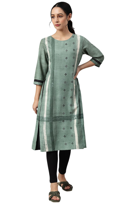 W for Woman Green Godet Box Pleat Kurta
