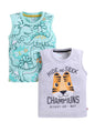 BUMZEE Boys Cotton Sleeveless Animal Print Regular Fit T-Shirt Pack of 2 Grey & Mint Green - 12-18 Months (Peb11514D-gry)