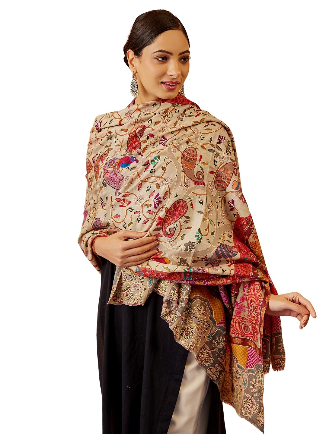 Pashmoda Women Bahaar Fine Wool Fabric Pashmina Kalamkari Embroidered Shawl, Stole and Wrap, Sustainable and Natural Fabric, Her