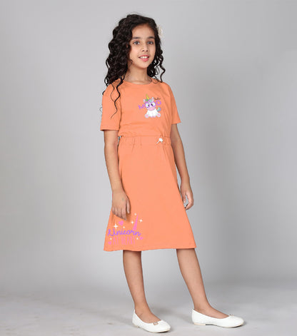 Kyda Kids 100% Pure Cotton Printed Round Neck Regular Fit Short Sleeve Long Top For Girls (Pack Of 1) Light Orange