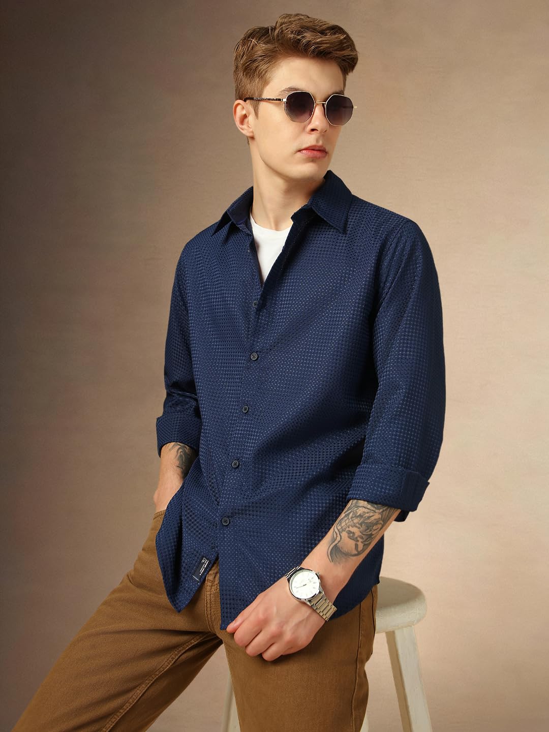 Dennis Lingo Solid Full Sleeves Spread Collar Polyester Regular Fit Men Casual Shirt Navy Blue
