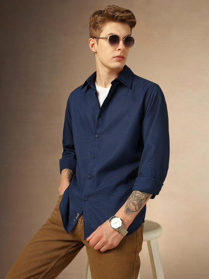 Dennis Lingo Solid Full Sleeves Spread Collar Polyester Regular Fit Men Casual Shirt Navy Blue