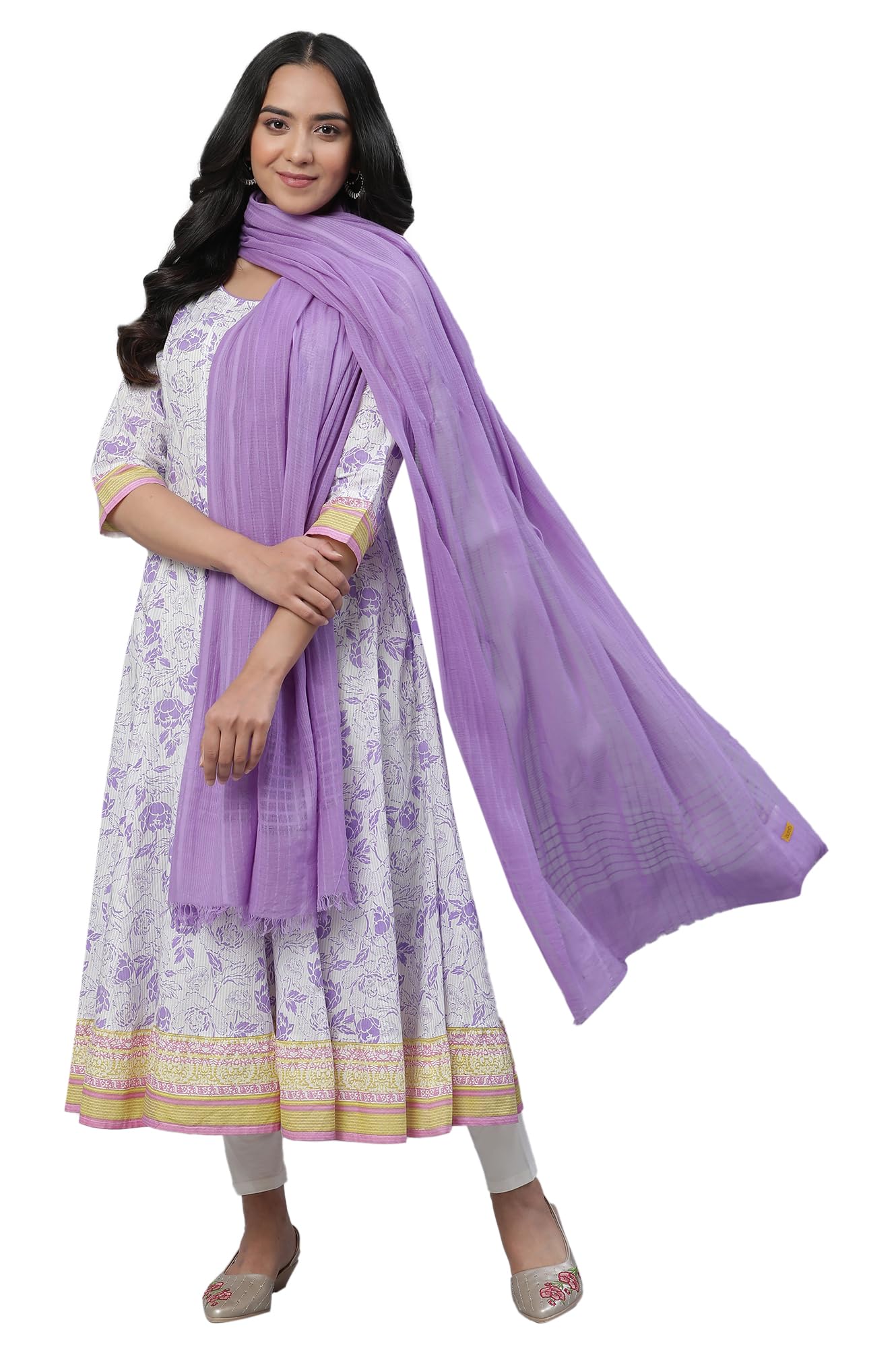 Aurelia White Kalidar Floral Printed Kurta, Tights and Dupatta Set